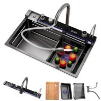30"x18" Five Button Waterfall Kitchen Sink – Drop In Stainless Steel Single Bowl Workstation Sink