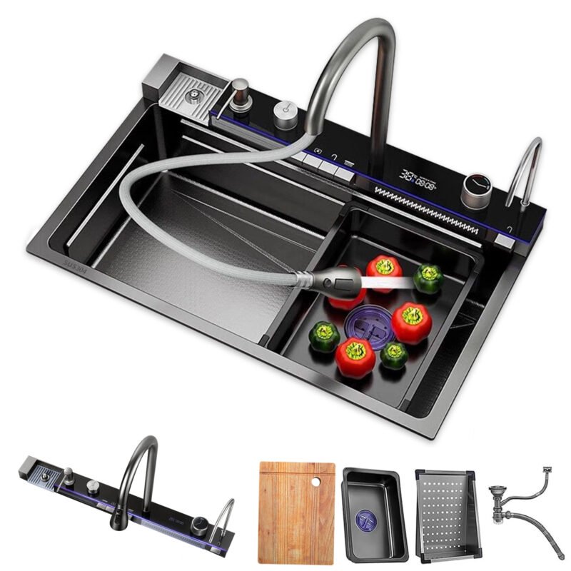 30 (2) 30"x18" Five Button Waterfall Kitchen Sink – Drop In Stainless Steel Single Bowl Workstation Sink