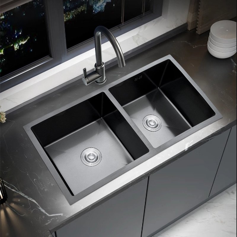 34.65" Large Kitchen Black Handmade Sink Double bowl without Faucet Durable and rust protection suitable for Workstation