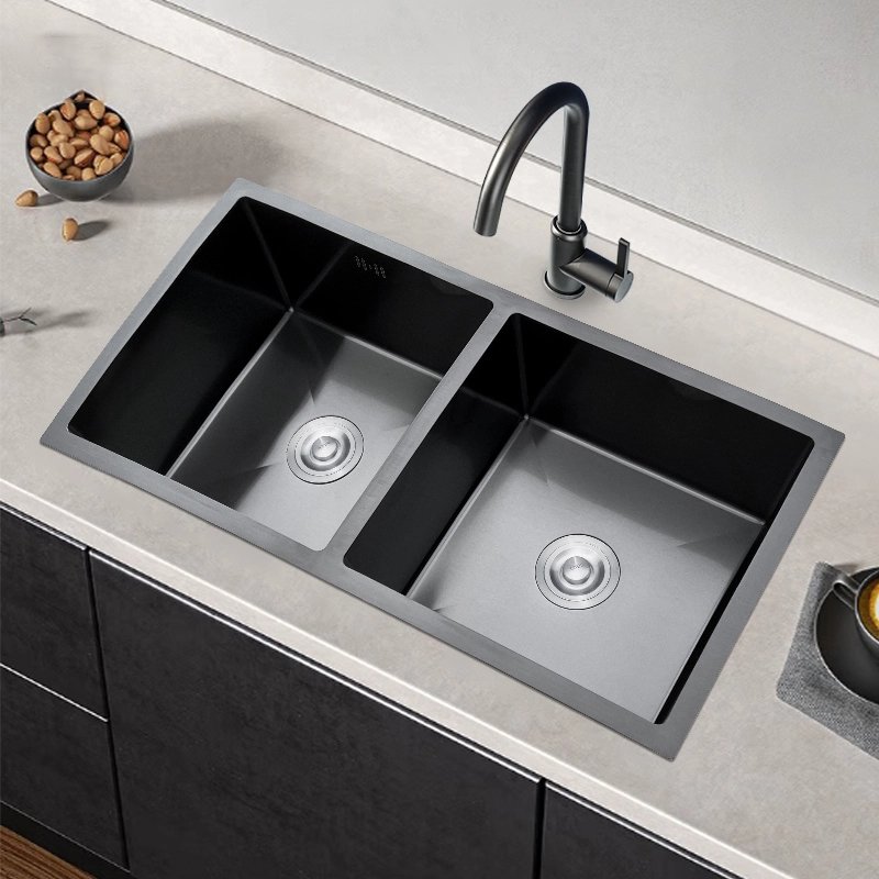 34.65" Large Kitchen Black Handmade Sink Double bowl without Faucet Durable and rust protection suitable for Workstation