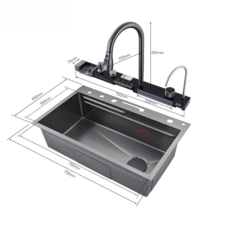 7545Whale 304 sink key digital display waterfall rain sink stainless steel large single trough manual basin washing dishes under the basin