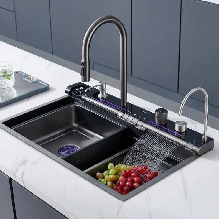 7545Whale 304 sink key digital display waterfall rain sink stainless steel large single trough manual basin washing dishes (1) 7545Whale 304 sink key digital display waterfall rain sink stainless steel large single trough manual basin washing dishes under the basin