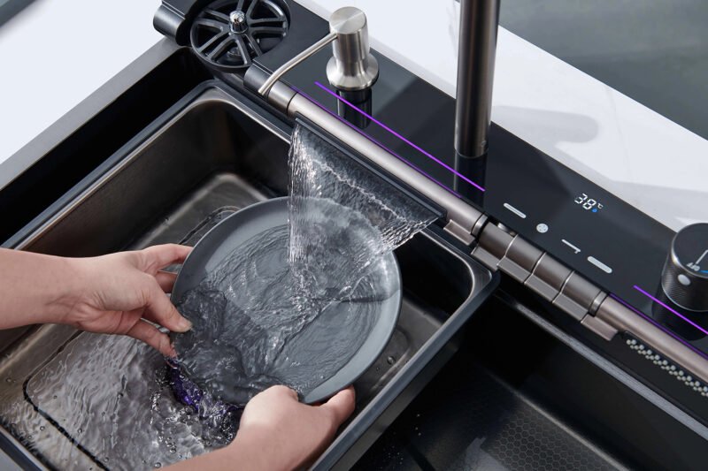 7545Whale 304 sink key digital display waterfall rain sink stainless steel large single trough manual basin washing dishes under the basin