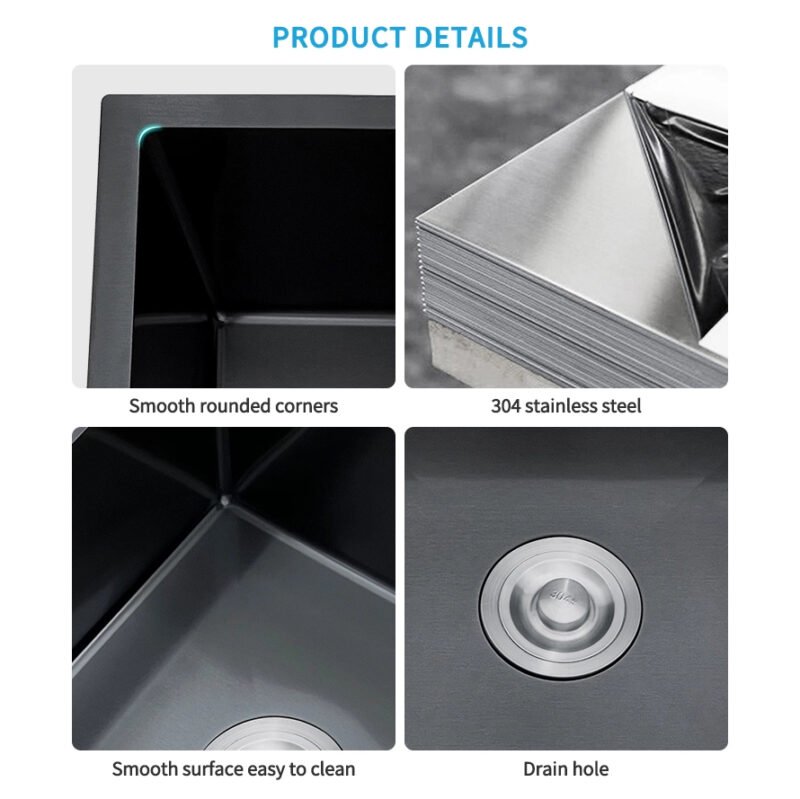 CE Certified Square-shape Handmade Modern Black Modern Kitchen Sink – Undermount Design (4) CE Certified Square-shape Handmade Modern Black Modern Kitchen Sink – Undermount Design