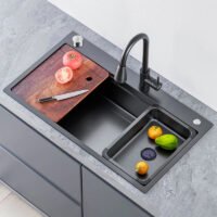 Hot Sale Large Single-slot Nano Black Kitchen Sink with Cutting Board Modern Concept Kitchen Sink