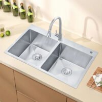 Premium Handmade Stainless Steel Double Equal Bowl Undermount Kitchen Sink – Ideal for Home, Utility, and Commercial Kitchens Farmhouse Sink