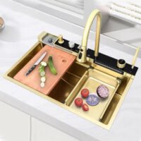 Smart Kitchen Sink Hand Made Kitchen Sink Waterfall Kitchen Sink Gold Stainless Steel Graphic Design Square Modern SUS Polished