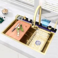 Smart Kitchen Sink Hand Made Kitchen Sink Waterfall Kitchen Sink Gold Stainless Steel Graphic Design Square Modern SUS Polished