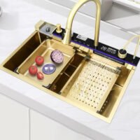 Smart Kitchen Sink Hand Made Kitchen Sink Waterfall Kitchen Sink Gold Stainless Steel Graphic Design Square Modern SUS Polished