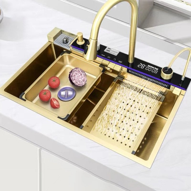 Smart Kitchen Sink Hand Made Kitchen Sink Waterfall Kitchen Sink Gold Stainless Steel Graphic Design Square Modern SUS Polished