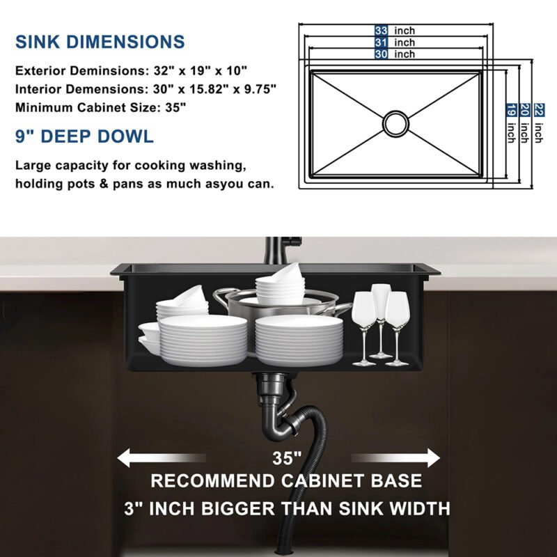 Undermount Sliver Kitchen Sink 33' Handcrafted Stainless Steel Sink with large Space