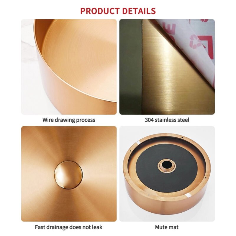 Vessel Round Sink luxury design bathroom stainless steel wash basin with easy to clean outdoor golden sink